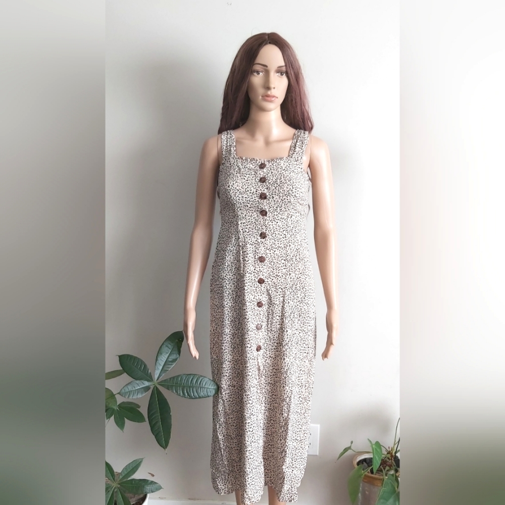 JAPNA oatmeal beige cheetah print midi summer dress sleeveless button down
